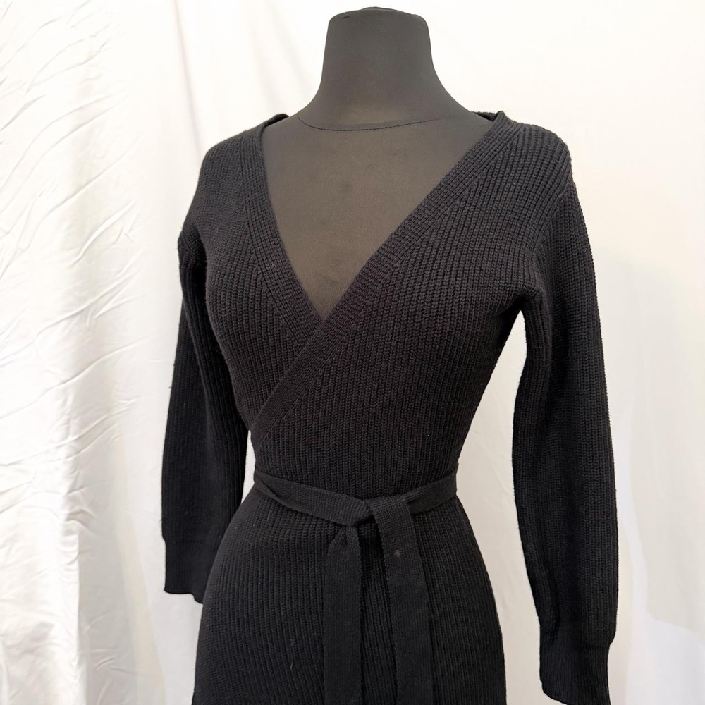 Princess Polly Black Ribbed Knit Wrap Sweater Dress Asymmetrical Hem XS/S